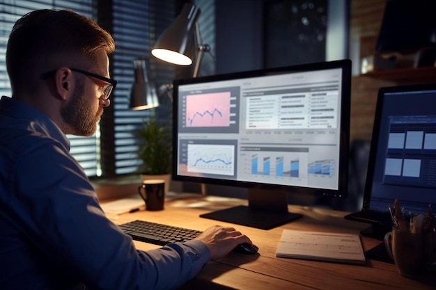 a man works on a computer with a graph showing on the screen.