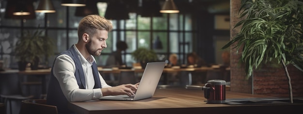 Man works at his laptop in the office