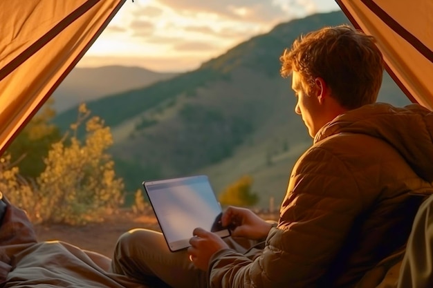 Man works at a laptop in a tent in the mountains The concept of remote work Image generated by AI