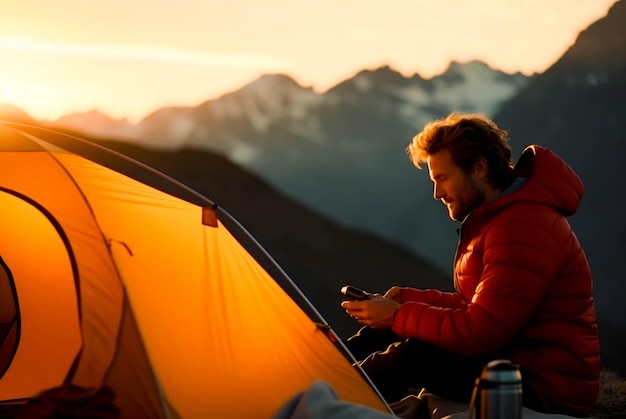 Photo man works at a laptop in a tent in the mountains