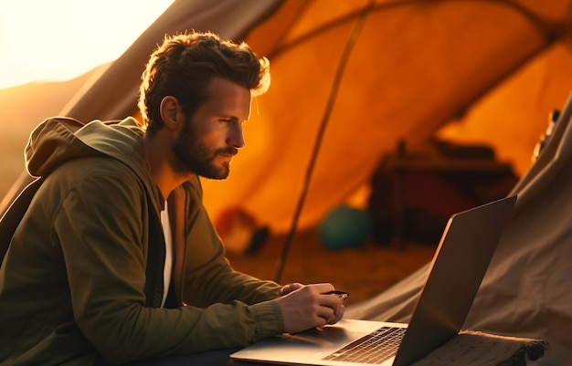 Photo man works at a laptop in a tent in the mountains