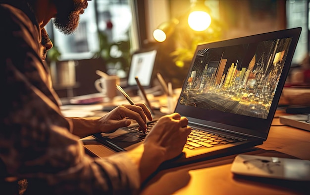 A man works on a laptop with a digital display on the screen.