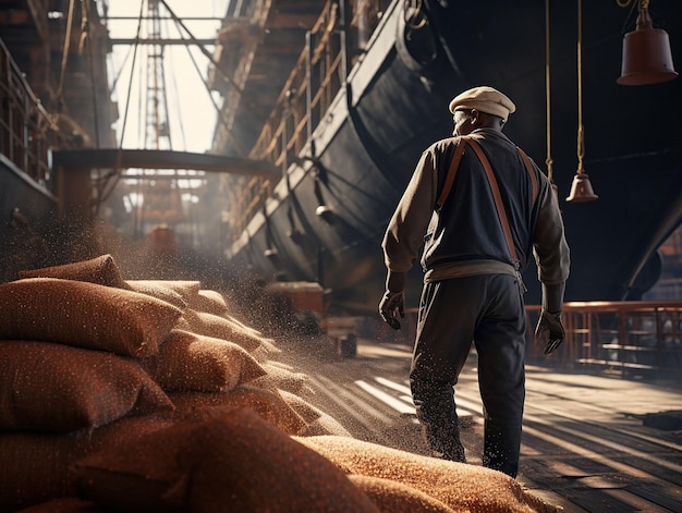 man works on loading of grain on ship