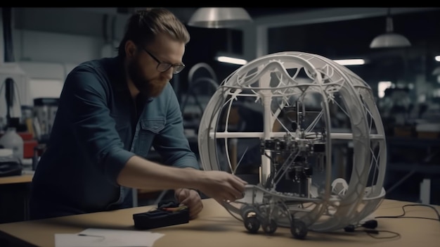 A man works on a model of a sphere.