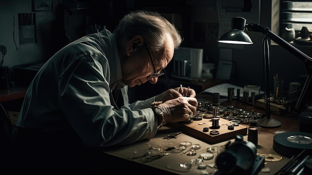 A man works on a piece of jewelry in a dark room.