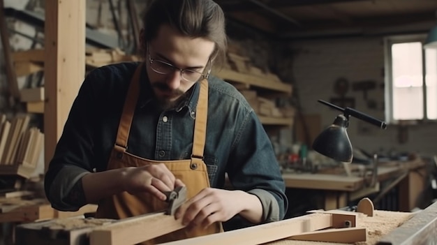 A man works on a piece of wood in a workshop.