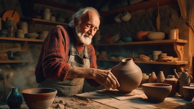 A man works on a pottery wheel in a workshop.