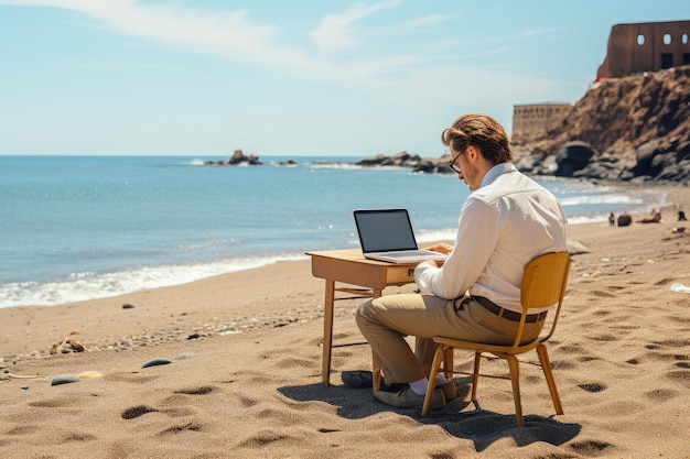 A man works remotely on a laptop on the beach near the sea