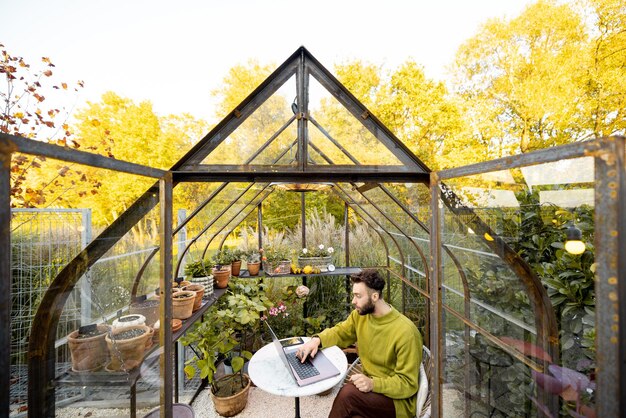 Man works remotely on laptop in glasshouse at backyard