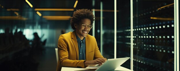 Мужчина работает в серверной комнате на ноутбуке панорама высококачественной фотографии