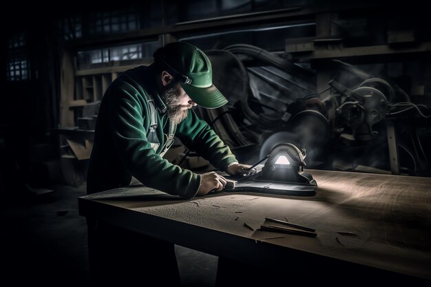 A man works on a table with a saw in a workshop