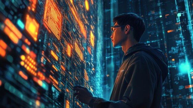 인간은 컴퓨터 코드 데이터와 함께 작업합니다. 웹 엔지니어는 인공지능과 상호 작용합니다. 프로그래머는 코드를 분석합니다.