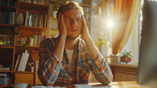 Man in worry posture in front of laptop computer