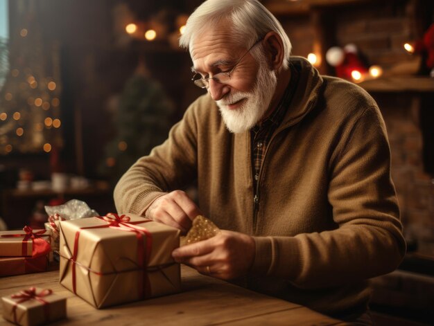 Man wrapping presents with holiday themed wrapping paper