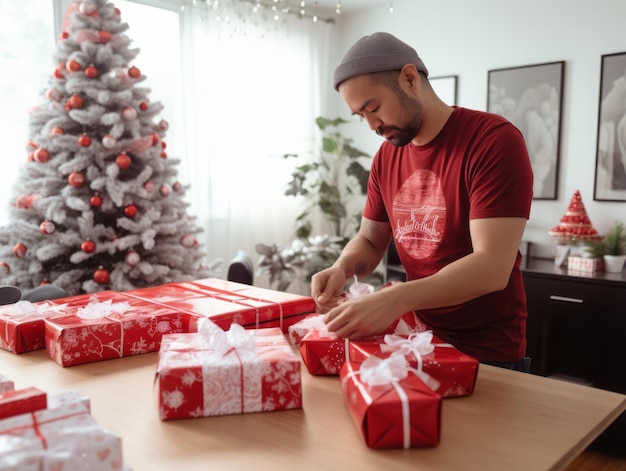 Мужчина упаковывает подарки в бумагу на праздничную тему
