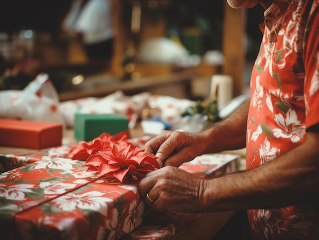 Man wrapping presents with holiday themed wrapping paper