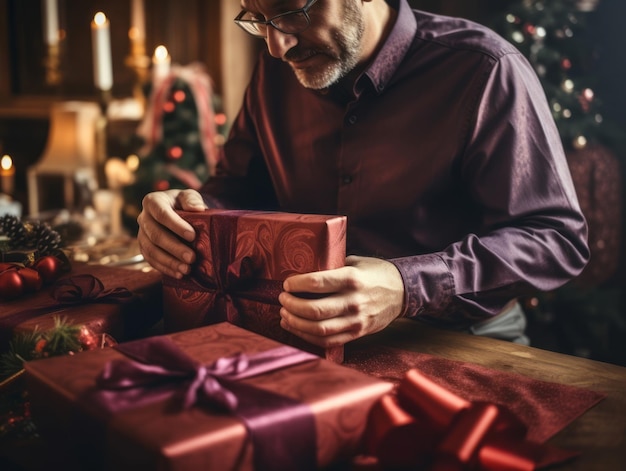 Foto uomo che avvolge regali con carta da confezionamento a tema natalizio