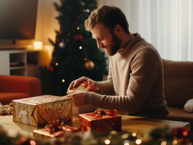 Man wrapping presents with holiday themed wrapping paper