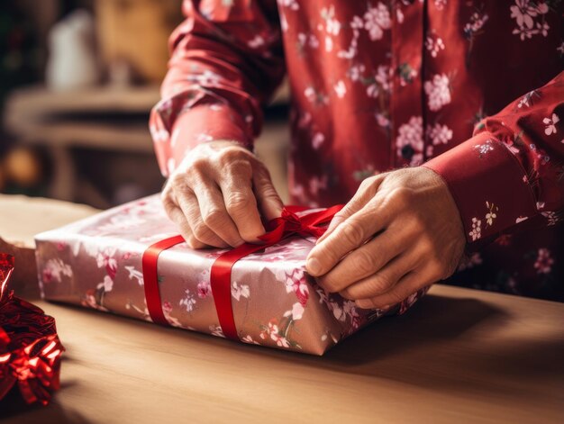 Photo man wrapping presents with holiday themed wrapping paper