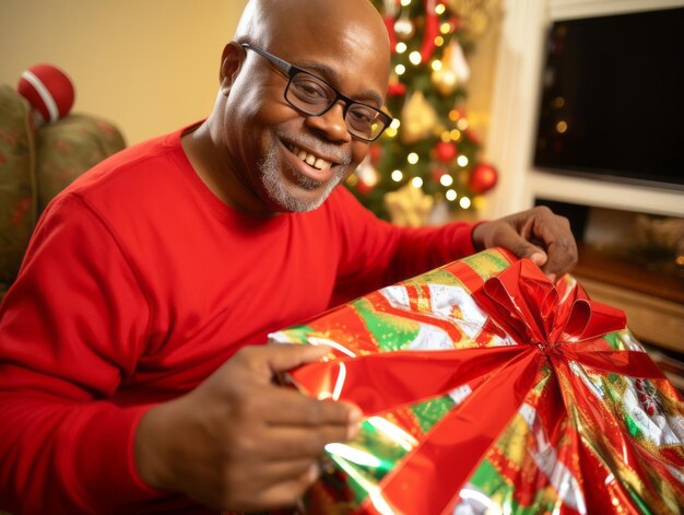 Man wrapping presents with holiday themed wrapping paper