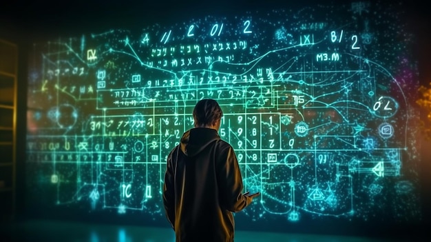 ネオンライトで照らされた数式の方程式を書く男性