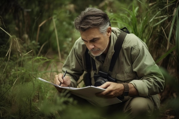 A man writes in a notebook in the grass.