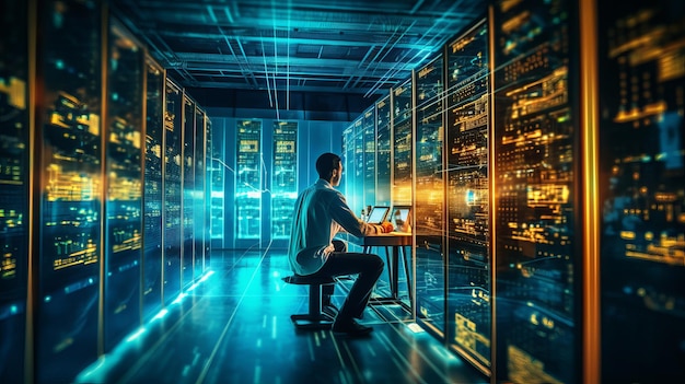 Man writing in big sized room with computer desk