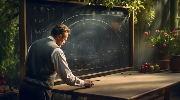 Man writing on a chalkboard in a serene forest with sun rays filtering through the trees