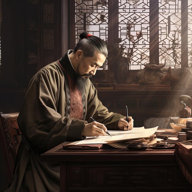 a man writing in a foreign language with a red bow in the middle