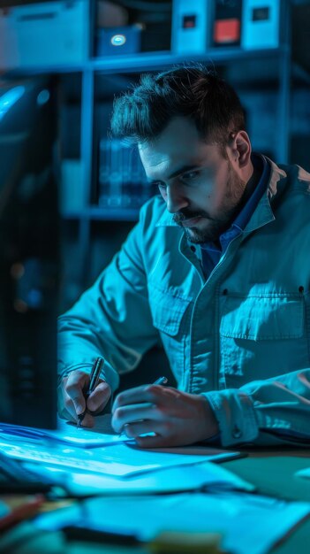 Man Writing on Paper at Desk