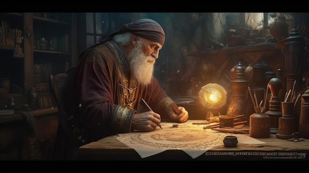 A man writing on a paper with the title'the elder scrolls'on the bottom right.