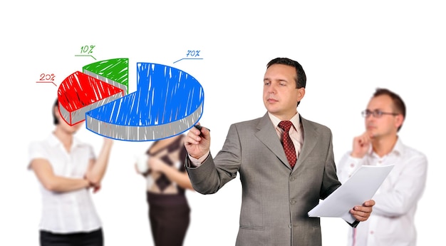 man writing pie chart
