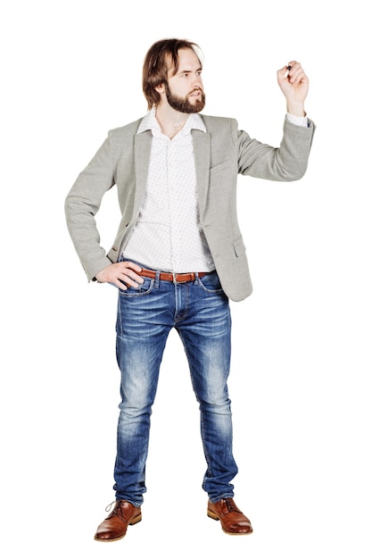 Man writing something on glass board with marker