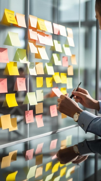 Photo a man writing on a wall with many post it notes