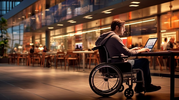 man x werkt met een laptop in de stad in een rolstoel