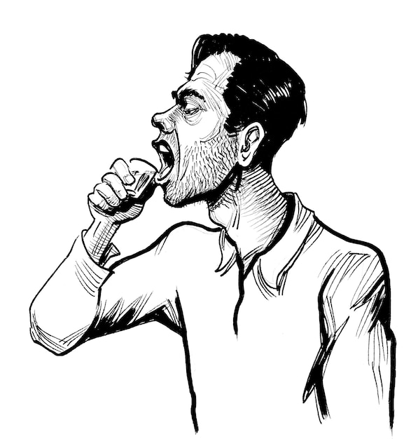 A man yawning and holding his mouth open.