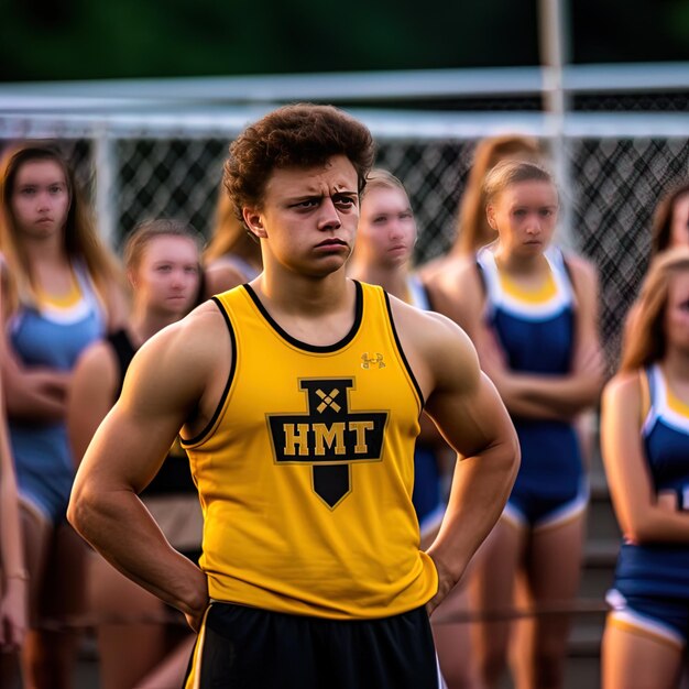 Photo a man in a yellow and black shirt with the letters r on it