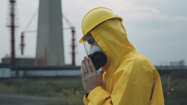 Photo man in yellow chemical protection suit and face protective mask praying against the backdrop of a nuclear power plant radioactive contamination terrorist act in radioactive materials