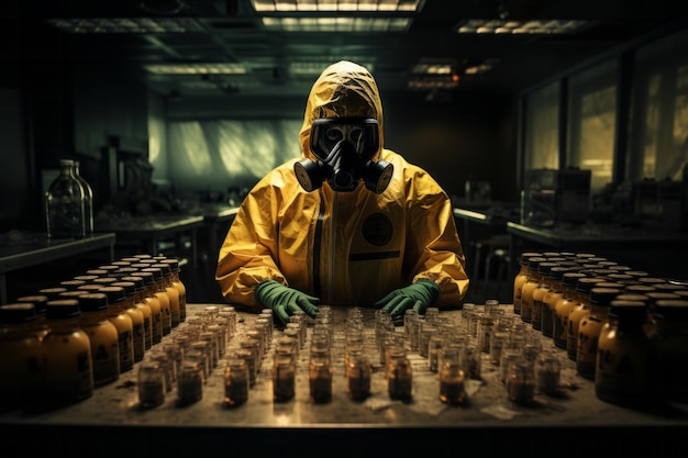 Человек в желтом костюме химической защиты и противогазе в химической лаборатории проводит исследования