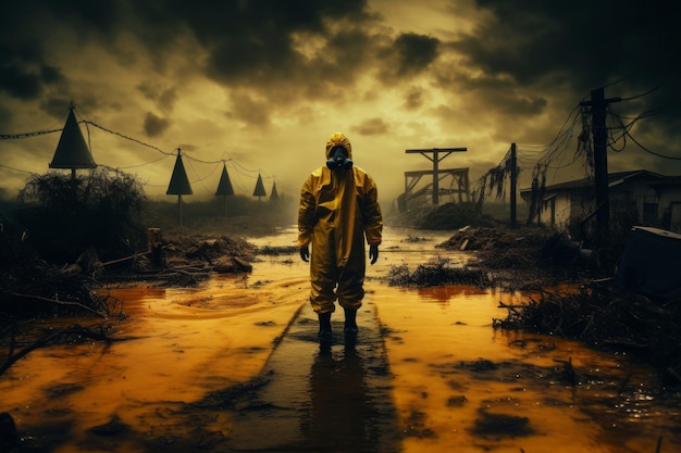 Man in yellow chemical protective suit and gas mask on road radiation contamination concept