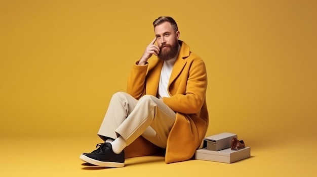a man in a yellow coat sits on a yellow background with a box of food