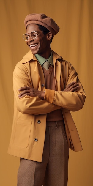 A man in a yellow coat stands in front of a yellow background.