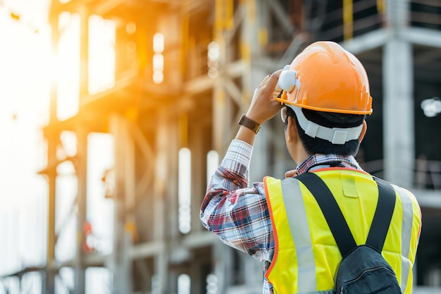 a man in a yellow hard hat is looking up at a construction site