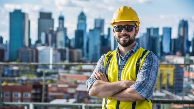 a man in a yellow hard hat stands in front of a city skyline