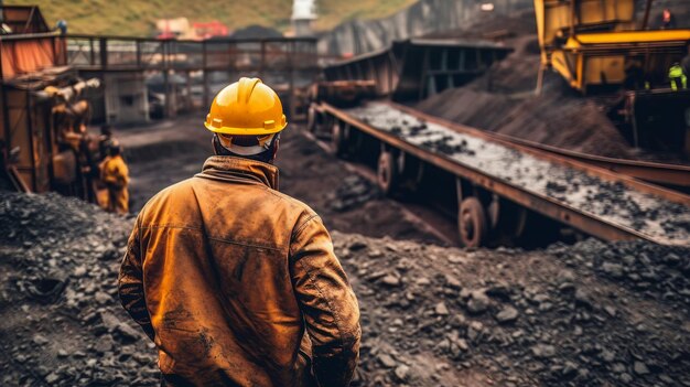 A man in a yellow hard hat stands in front of a pile of coal.