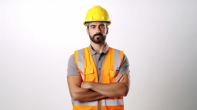 A man in a yellow hard hat stands with his arms crossed