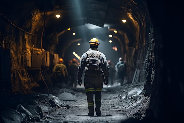 A man in a yellow helmet walking through a tunnel