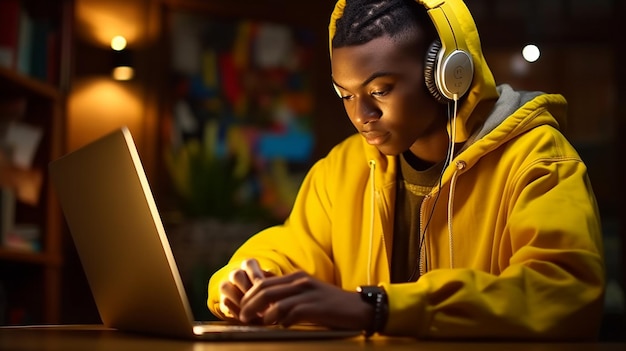 A man in a yellow hoodie sits at a desk with a laptop in front of him.