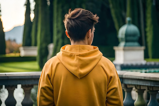 A man in a yellow hoodie stands in front of a green tree.