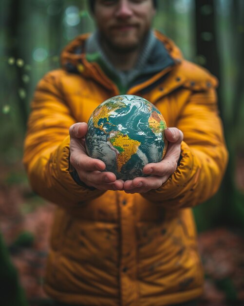 Man in a Yellow Jacket Cradling the Earth in a Forest